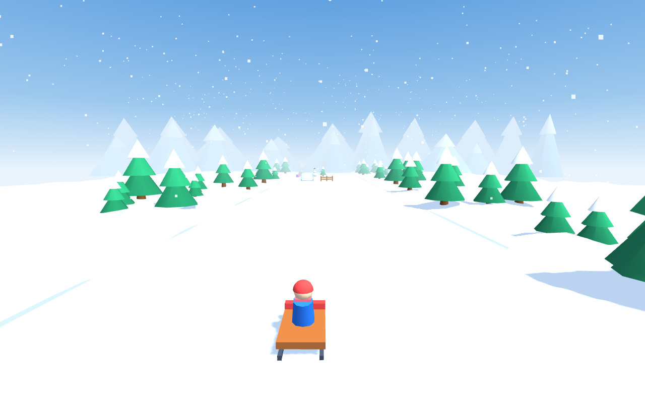 3D Snow Rider gameplay showing the sled rider between pine trees with gifts ahead on the slope