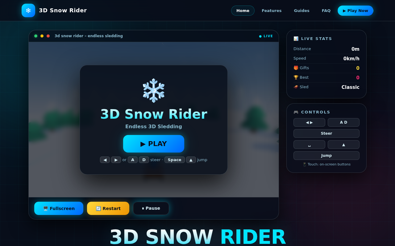 The 3D Snow Rider start screen with the Play button over a snowy mountain slope